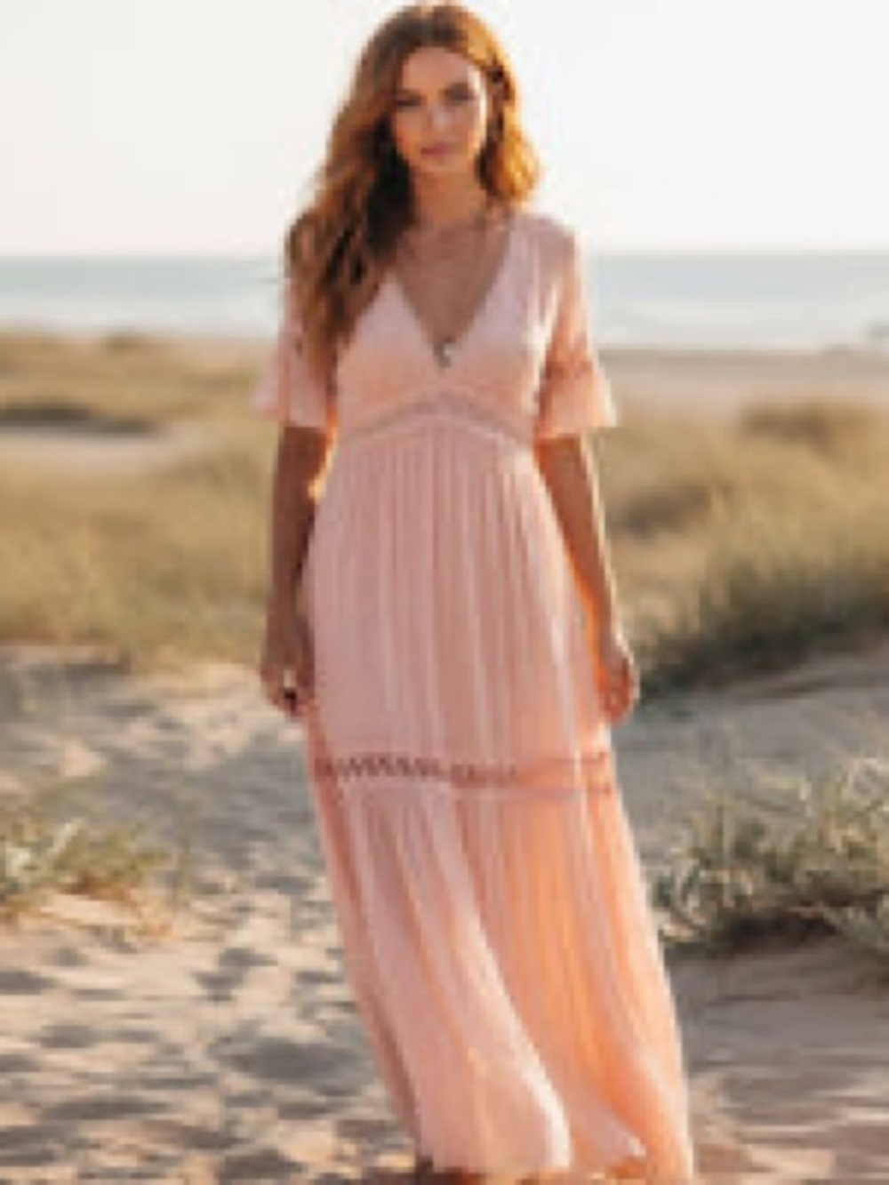 Romantic Boho Soft Peach V-Neck Maxi Dress With Swiss Dots and Lace Size Small